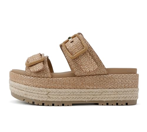 Soda “Funny” ~ Women Round Toe Double Buckle Strap Slip-On Platform Wedge Sandal (Dark Tan Raffia, us_footwear_size_system, adult, women, medium, 10) at Amazon
