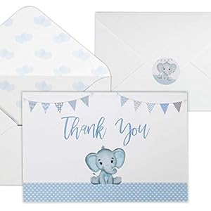 VNS Creations Baby Shower Thank You Cards for Boys. 50 Pack Blue Watercolor Elephant Boys Baby Shower Cards. Cute Thank…