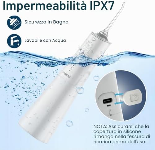 Irrigatore orale senza fili, pulitore elettrico Vimmk, doccia dentale, 5 modalità e 8 ugelli USB-C ricaricabile, IPX7, impermeabile (beige)
