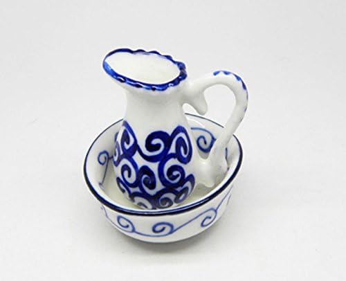artisan hand made Dollhouse Miniature Pitcher & Washbasin in Blue & White (Oversized)