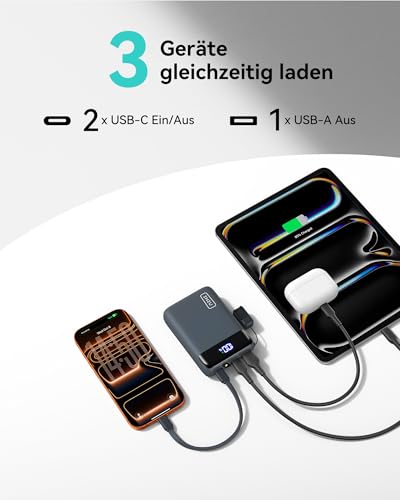 Power Bank, Ultra Klein 20000mAh 22.5W Schnellladefunktion Power Bank iPhone, Mini Externe Handyakkus, Flugtauglich, Reise-Essential, Klein Aber Stark für iPhone 17 16, Samsung S25, iPad, Blau
