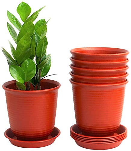 KAHEIGN 6Pcs Plastic Flower Pots, 15.5cm Thicken Plant Pots Plant Container Indoor Gardening Pot with Drainage Pallet (Brick red)