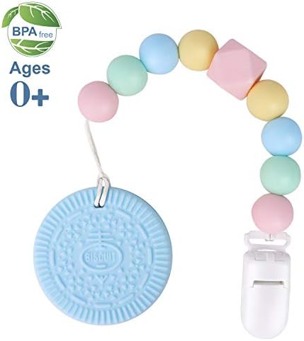 Baby Teething Toys, Teething Pain Relief, Silicone Teether with Pacifier Clip Natural BPA Free Cookie for Freezer - Easy to Hold, Soft, Best Newborn Shower Gifts for Trendy Boy or Girl (Blue)
