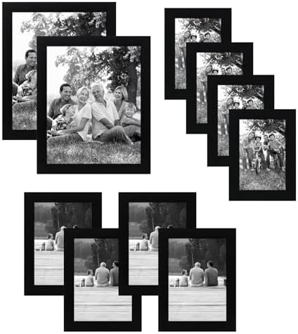 Set Cornici Foto da Parete e da Tavolo Nere, 10 Pezzi - Due da 20x25 cm, Quattro da 13x18 cm e Quattro Cornici 10x15 cm - Composizione Portafoto da Parete con Vetro Infrangibile