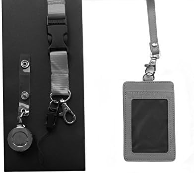 4 in 1, Gray 2-Sided Vertical Leather Credit Card and ID Holder with Detachable Lanyard. 1 Neck Lanyards with Detachable Buckle. 1 Heavy Duty Retractable Badge Reel with Belt Clip for ID Badge