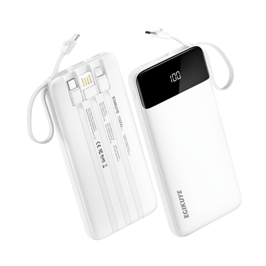 EGIKUYE Power Bank 10000mAh Portable Charger with 4 Built-in Cables, Type-C in & Out Phone Charger, External Battery Charger Pack & Travel Essential for iPhone 16/15/14, Samsung, iPad, Android