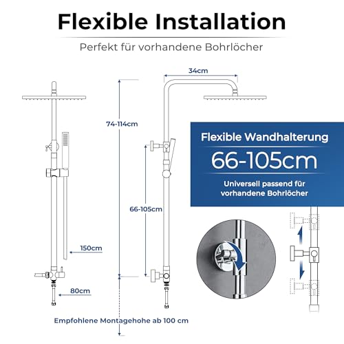 Görbach Stainless Steel Shower System without Taps, Chrome Rain Shower Set, Water Saving, Height Adjustable Shower Rail 74-114 cm, Shower Head XXL 35 x 25 cm