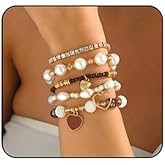 Systechy 5Pcs Boho Stackable Beaded Bracelets Set for Women Oil Dripping Heart Bracelets Pearl Stretch Bangles Multilayered Handmade Friendship Holiday Beach Jewelry Accessaries for Women