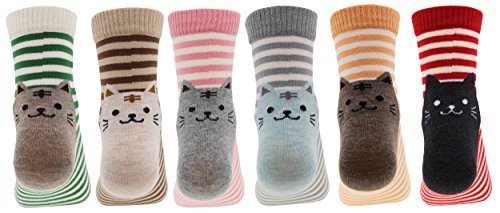 AnVei-Nao Womens Girls Stripe Cute Cat Cotton Soft Pattern Crew Socks 6 Pairs 3D
