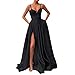 Black Prom Dress 2025 Long Satin Maxi Spaghetti Straps High Slit Formal Dress for Women Ball Gown with Pockets US16