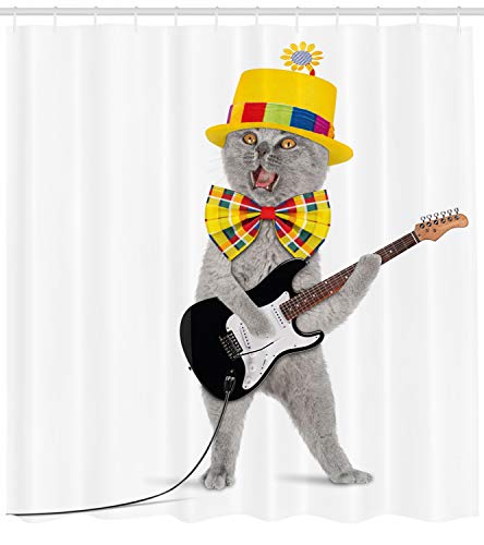 Ambesonne Cat Shower Curtain Hipster Musician Kitty Playing