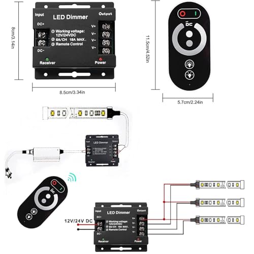 TERRIFI DC 12V-24V 18A PWM Dimmer Switch with Touch Remote Control - Dimmable LED Light Strip Dimmer, Adjustable Brightness Light Switch