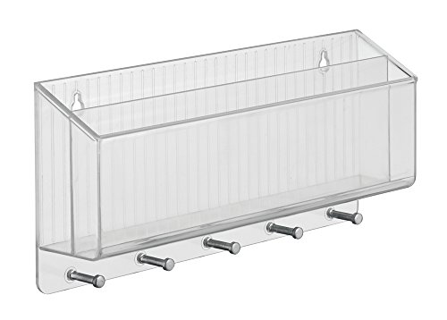 InterDesign Linus Divided Mail Holder and Key Rack Organizer - Wall Mounted Letter Shelf and Key Hooks for Entryway or Kitchen, Clear