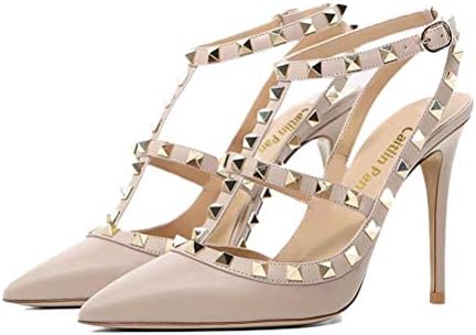 Caitlin Pan Women Fashion High Heel Pointed Toe Ankle Straps Studs Stiletto Heeled Sandals Studded Party Dress Court Shoes