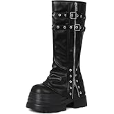 Accloris Fold Over Boots Platform Mid Calf Goth Y2k Long Tall Combat Fall Wide Calf Pull On Fashion Knee High Boots black,size8.5