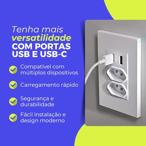 Tomada De Parede NBR 14136 Duo Com Entradas USB/USB-C 127V/220V 10A Premium