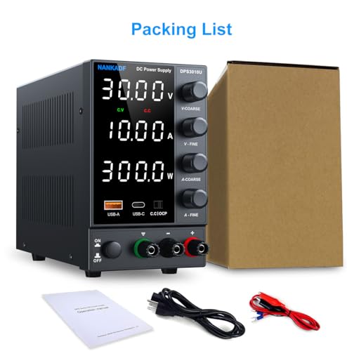 NANKADF Laboratory Power Supply 30V 10A, Variable DC Power Supply with USB A/Type C Fast Charging Port, Laboratory Power Supply with High Precision 4-Digit LED Display Transmitter Adjustment Button