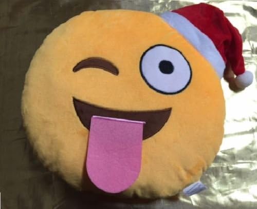 Wink Toung Out Cheeky with Santa Hat Emoji Pillow 12.5 Inch Large Yellow Smiley Emoticon
