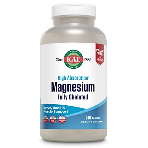 Tabletas de glicinato de magnesio KAL, totalmente queladas, fórmula de alta absorción con quelato de bisglicinato de magnesio para soporte de salud de nervios, músculos y huesos, vegano, sin gluten, tamaño económico, 240 tabletas