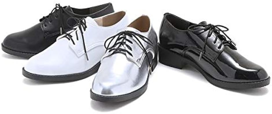 Amazon レースアップシューズ オックスフォードシューズ レディース マニッシュシューズ 黒 ブラック エナメル ホワイト シルバー スムース ローヒール おじ靴 ノーブランド品 レースアップ