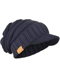 Mens Slouch Beanie Vintage Knit Cadet Cabbie Skull Cap with Visor B319 (Ribbed-Navy)