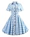 ZAFUL Women's 1950s Vintage Cap Sleeve V Neck Plaid Swing Dress with Pockets(Blue Checkered with Button,4XL)