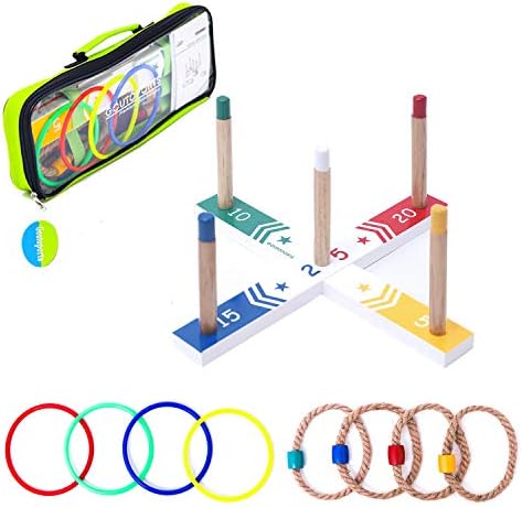 Goutoports Colorful Ring Toss Game Set Fun Family Games for Kids and Adults with 4 Quoits Ropes 4 Plastic and Carry Bag