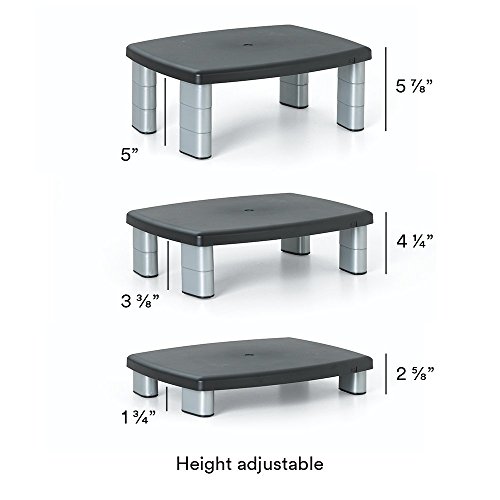 3M Adjustable Monitor Stand, Three Leg Segments Simply Adjust Height From 1" to 5 7/8", Sturdy Platform Holds Up to 80 lbs, 11-inch Space Between Columns for Storage, Silver/Black (MS80B)