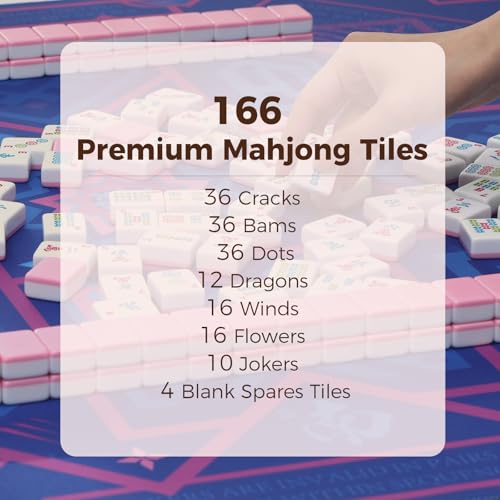 Kyerlish American Mahjong Tile Set with Printed Carrying Bag, 166 Premium Pink Tiles, 4 All-in-One Racks/Pushers and Accessories, Mahjong Set, Complete Mahjong Game Set for Travel,Gifts（Pink Flower）
