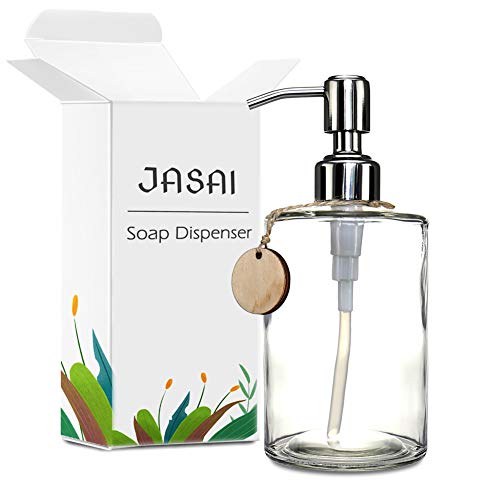 JASAI 16OZ Cylinder Glass Soap Dispenser with Rust Proof Stainless Steel Pump, Refillable Bathroom Soap Dispenser for Hand Soap, Dish Soap, Liquid Soaps and Kitchen (Clear)