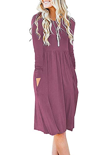 DB MOON Women's Casual Long Sleeve Knee Length Empire Waist Dress with Pockets (Mauve, M)