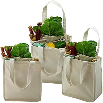 Simple Ecology Organic Cotton Deluxe Reusable Grocery Shopping Bag with Bottle Sleeves - Natural 3 Pack (Heavy Duty, Washable, Durable Handles, Foldable, Craft & Gift Bag, 6 Bottle Wine Bag Carrier)