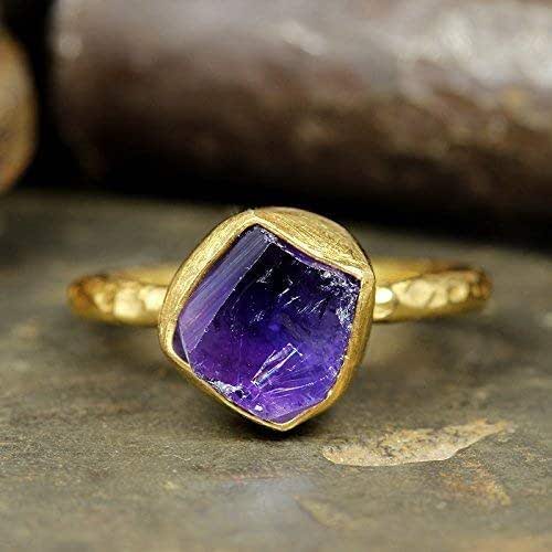 Amazon Com Natural Raw Amethyst Stacking Ring Handcrafted Hammered 24k Yellow Gold Vermeil 925 Solid Sterling Silver Stackable Rough Gemstone Ring Handmade