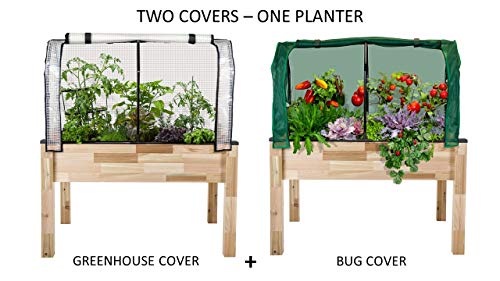 CedarCraft Elevated Cedar Planter (23″ x 49″ x 30″ H) + Greenhouse & Bug Covers – Complete Raised Garden kit to Grow Tomatoes, Veggies & Herbs. Covers Extend Growing Season & Protects Plants