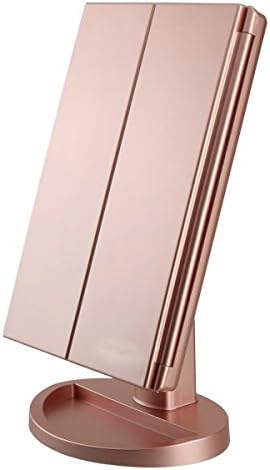 Starcn Tri-Fold Lighted Vanity Makeup Mirror with 21 LED Lights, Touch Screen and 3X/2X/1X Magnification Mirror, Two power Supply Mode Tabletop Makeup Mirror,Travel Cosmetic Mirror (Rose Gold)