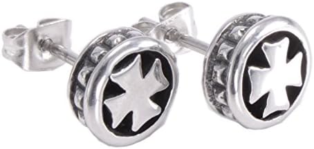 Men's Retro Cross Shape Stainless Steel Earrings Classic Round Earrings Set (7mm Pairs)
