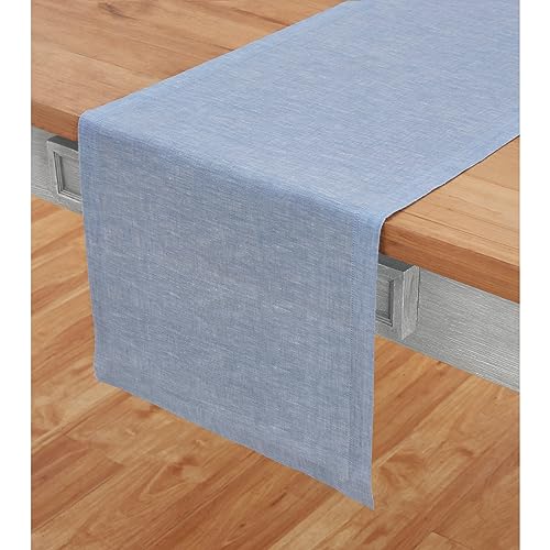 Solino Home Linen Table Runner 36 Inch - 100% Pure Linen Chambray Blue Short Table Runner 14 x 36 Inch Ideal for Dresser and Coffee Tables - Athena