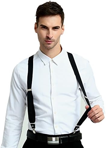 Men's Suspender with Leather and Elastic Y Shape with 4 no-slip silver clips (BLACK)
