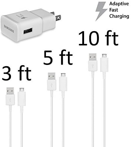New OEM Samsung Fast Adaptive Wall Adapter Charger for Galaxy S7 S6 Note 5 4 Edge EP-TA20JWE + 3, 5, &amp; 10 Foot Micro USB Cables - White