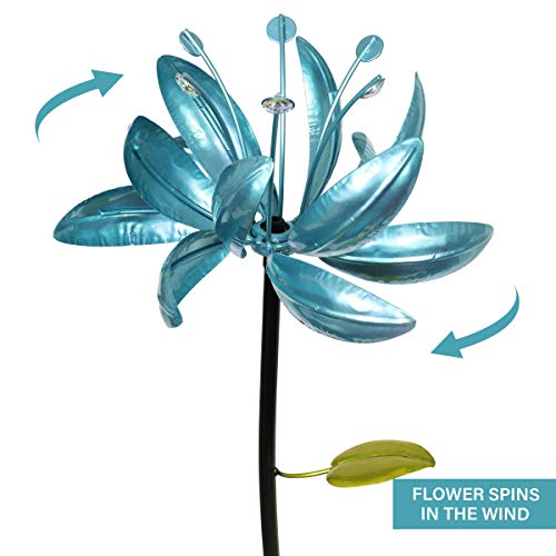 Exhart Double Lotus Flower Wind Spinners Garden Stake 2 Metallic