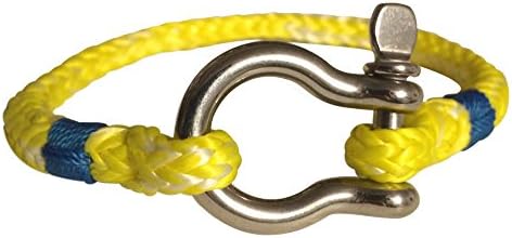 Mens Womens Stainless Steel Sailor Rope Bracelet - Yellow and Blue Nautical Bracelet - Shackle Knot Bracelet 7"