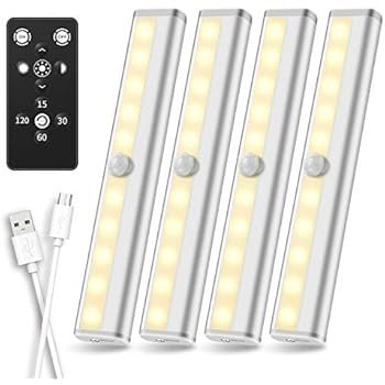 Under Cabinet Lighting Remote Control, SZOKLED Rechargeable LED Closet Light, Wireless Under Counter Lighting Dimmable LED Strip Lights Bar for Closets Hallway Stairway, Warm White, 4-Pack