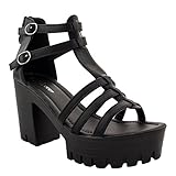 NEW Womens Open Toe Platform Chunky Heel Faux Leather Buckle Pump Trends SNJ SHOES