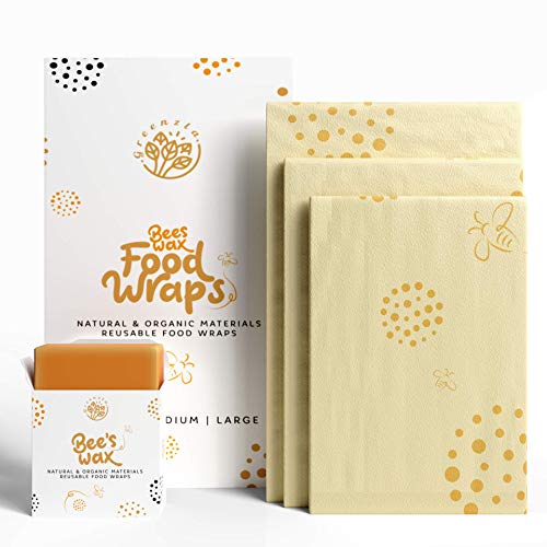 Greenzla Reusable Beeswax Food Wrap (Set Of 3 + Bonus Beeswax Bar) - Organic Cotton Wraps And Storage for Sandwich, Snack, Produce - 1 Small, 1 Medium & 1 Large - Zero Waste Bee Wraps