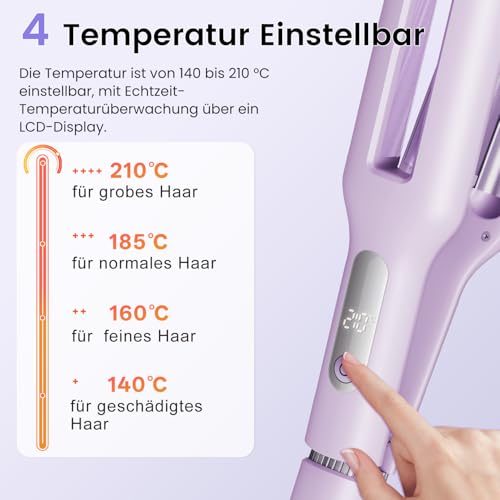 22/25/32/38 mm Adjustable Wave Iron for Hair - 4-in-1 Beach Waves Curling Iron, 3 Barrels Curling Irons with Display, Burn Protection, Fast Heating, 4 Temperatures (140-210°C), Purple