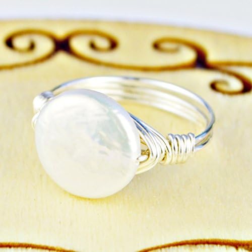 Medium Coin Pearl Gemstone in Sterling Silver or 14kt Yellow or Rose Gold Filled Wire band- Handmade Wire Wrapped Ring- Custom Made to Size 4-14