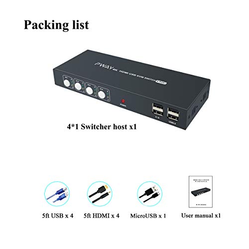 4x1 HDMI KVM Switch 4 Port Ultra HD 4K@30Hz, USB 2.0, HDCP 1.2, No Power Adapter Required, Support Wireless Input Device and Hotkey Switch, with 4 HDMI and USB Cables