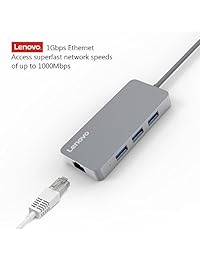 Lenovo USB C to USB 3.0 Concentrador de Datos portátil con adaptador Ethernet y 3 puertos USB 3.0, para MacBook Pro, XPS, pixelbook y más dispositivos de tipo C, gris