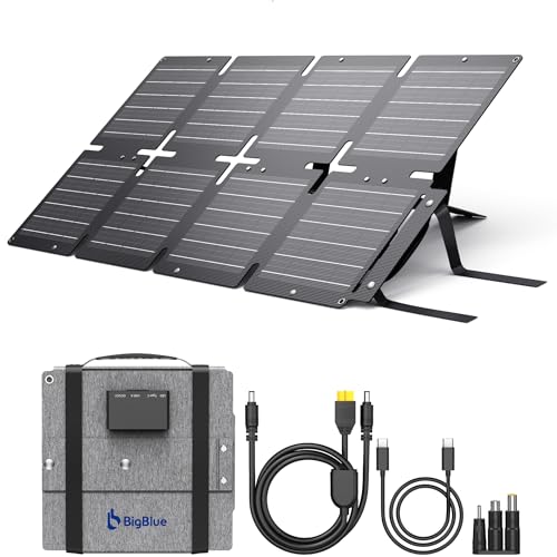 BigBlue Cargador Solar Plegable de 60W, ETFE Panel Solar Portátil QC3.0+PD45W+Salida de CC de 22,2V 【IP68 Resistente al Agua y Soporte】 para acampada, Compatible con Celular Tableta Generador Solar