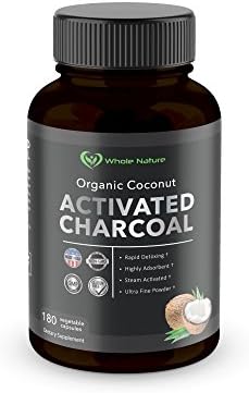 Organic Coconut Activated Charcoal Capsules, 180 Vegetable Pills, For Digestive System, Teeth Whitening, Detoxification, Hangover Prevention, Gas and Bloating. Non GMO~Vegan~ Made in USA